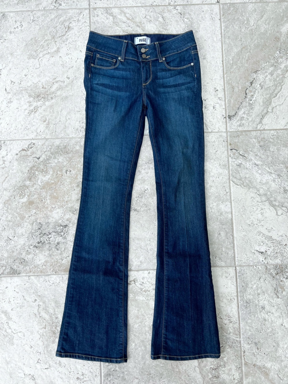 Paige Hidden Boot Mid-Rise Flare Stretch Jeans in Mercy Dark Blue Wash, size 26